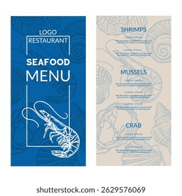Seafood restaurant menu template with hand-drawn shellfish and shrimp illustrations