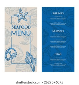 Seafood restaurant menu template with hand-drawn shellfish and shrimp illustrations