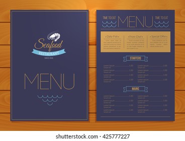 Seafood restaurant menu template on wooden backdrop. Vector illustration.