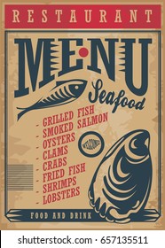 Seafood restaurant menu template on old paper texture