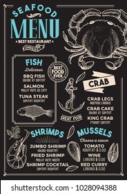 Seafood restaurant menu. Vector food flyer for bar and cafe. Design template with vintage hand-drawn illustrations.