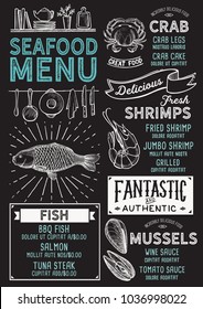 Seafood restaurant menu. Vector food flyer for bar and cafe. Design template with vintage hand-drawn illustrations.