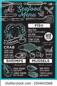 Seafood restaurant menu. Vector food flyer for bar and cafe. Design template with vintage hand-drawn illustrations.