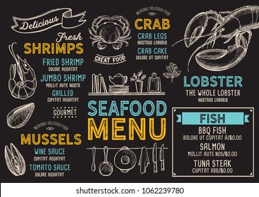 Seafood restaurant menu. Vector food flyer for bar and cafe. Design template with vintage hand-drawn illustrations.