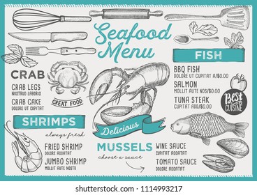 Seafood restaurant menu. Vector food flyer for bar and cafe. Design template with vintage hand-drawn illustrations.