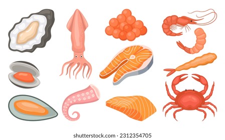 Seafood restaurant menu vector illustration. Cartoon fresh underwater ocean or sea animal and tuna fishes, salmon trout fillet and steak, red black caviar, prawn shellfish isolated on white