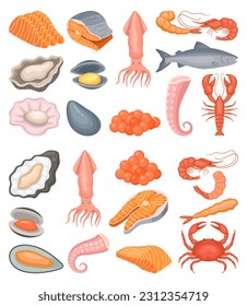 Seafood restaurant menu vector illustration. Cartoon fresh underwater ocean or sea animal and tuna fishes, salmon trout fillet and steak, red black caviar, prawn shellfish isolated on white