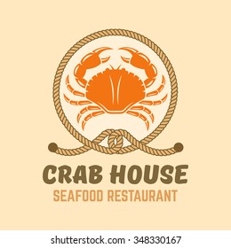 Seafood Restaurant Menu Vintage Vector Illustration With Silhouette Of Red Crab And Circle Rope Frame, Crab House Poster Template With Sample Text