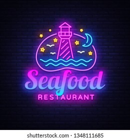 Seafood Restaurant neon sign vector. Seafood Design template, Lighthouse concept light banner, neon signboard, nightly bright advertising, light inscription. Vector illustration