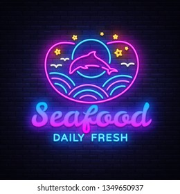 Seafood Restaurant neon sign vector. Seafood Daily Fresh Design template, concept light banner, neon signboard, nightly bright advertising, light inscription. Vector illustration