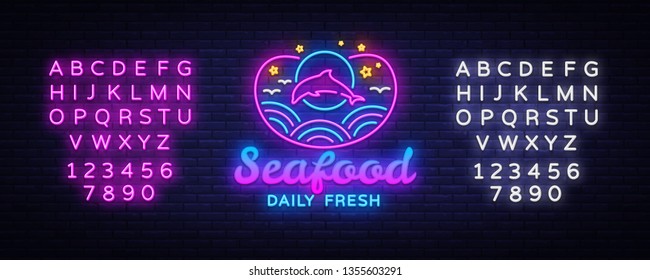 Seafood Restaurant neon sign vector. Seafood Daily Fresh Design template, concept light banner, neon signboard, nightly bright advertising, light inscription. Vector. Editing text neon sign