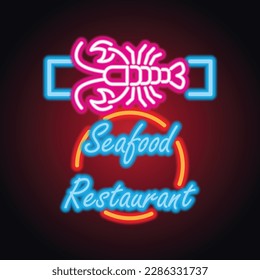 Seafood restaurant neon signboard plank. vector illustration