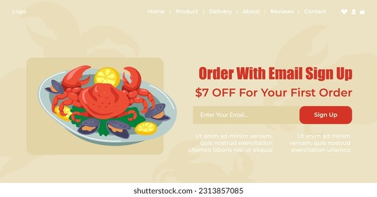 Seafood from restaurant, order tasty meal with email sign up and get discount for your first purchase. Crab with lemons and oysters. Website landing page, internet site template. Vector in flat style