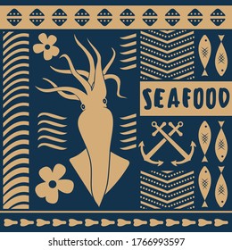 Seafood restaurant poster, banner template with Squid. Vector illustration