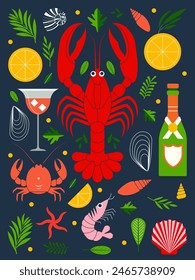 Seafood restaurant poster with underwater elements such as drinks and sea animals. Including lobster, crabs, shrimps, shells and sparkling wine.