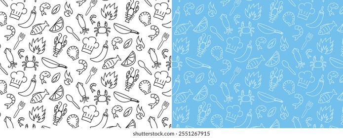 seafood restaurant seameless pattern background doodle hand drawing, transparent icon