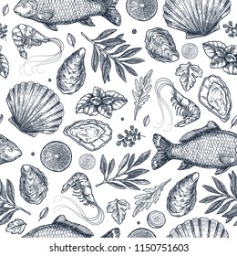 Seafood restaurant seamless pattern.  Fish, seashell, leaf, shrimp. Engraved vintage sea set. Vector illustration