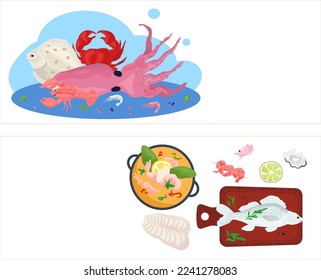 Seafood restaurant set, vector illustration. Sea ocean fish and food banner design, cooking shellfish salmon in menu. Fresh seafood poster