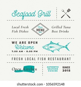 Seafood Restaurant Signs, Titles, Inscriptions and Menu Decoration Elements Set. Premium Quality Retro Typography Layout with Hand Drawn Food Icons and Symbols. Vintage Fish Label Template. Isolated.