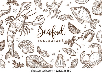 Seafood restaurant sketch poster for menu or tablemat template. Vector pattern background of seafood lobster crab, shrimp prawn or fish and oyster, salmon steak and octopus