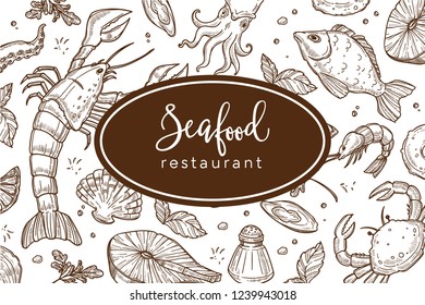 Seafood restaurant sketch poster for menu or tablemat template.