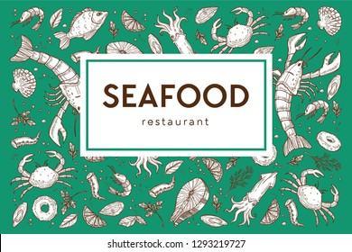 Seafood restaurant sketch poster for menu or tablemat template. Vector pattern background of seafood lobster crab, shrimp prawn or fish and oyster, salmon steak and octopus