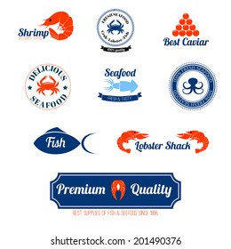 Seafood restaurant supplies stores fresh quality crab lobster salmon fish labels icons set abstract isolated vector  illustration