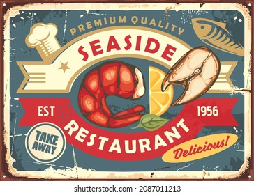 Seafood restaurant vintage decorative wall sign design with delicious shrimps and fish. Bistro ad with various seafood meals. Vector illustration.