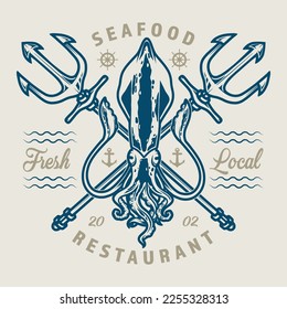 Seafood restaurant vintage emblem colorful underwater squid and Poseidon trident for menu coastal cafe with street food vector illustration