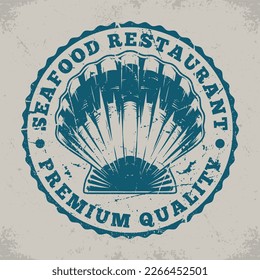 Seafood restaurant vintage sticker monochrome with shell for diner with fresh fish and high quality ocean animals vector illustration