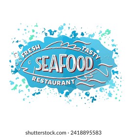 Seafood Restaurant white lettering on textured background. Hand drawn vector illustration with text decor and fish icon for billboard and poster. Positive quote for sea food cuisine banner or template