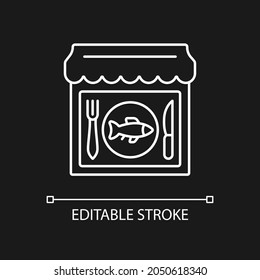 Seafood restaurant white linear icon for dark theme. Serving fish, shrimps. Mediterranean cuisine. Thin line customizable illustration. Isolated vector contour symbol for night mode. Editable stroke