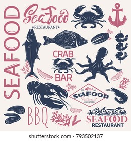 Seafood retro card. All elements editable.Vector illustration.