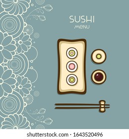 Seafood roll top view vector illustration. Template for menu design with floral vignette. Set of japan traditional food. Design for menu, logo and sushi bar.