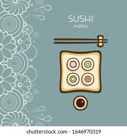 Seefrüchte-Roll-Draufsicht Vektorillustration Illustration. Vorlage für Menüdesign mit Blumenvignette. Eine Auswahl an traditionellen japanischen Gerichten. Design für Logo, Speisekarte und Sushi-Bar.