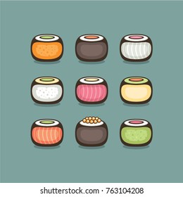 Seafood roll vector illustration. Traditional Japan food. Menu and logo design. Yummy sushi roll.