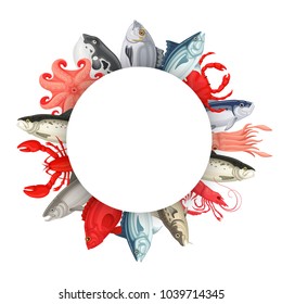 Seafood round banner. Shellfish and sea fish, various species of molluscs, lobsters, mussels and crabs to serve. Vector flat style cartoon illustration isolated on white background