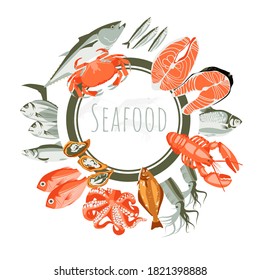 Seafood round frame banner template. Fresh organic healthy nutritious marine products. Fish market, store, packaging, restaurant menu design cartoon vector illustration
