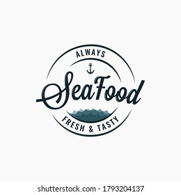 Seafood round logo. Sea food lettering on white background