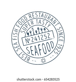 Seafood round stamp icon. Fast food restaurant menu element vector illustration isolated on white background.