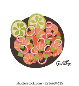 Seafood salad Ceviche isolated concept. Shrimp, avocado, tomato and onion salad of Latin American cuisine. National cuisine of Peru. Food vector flat hand drawn illustration