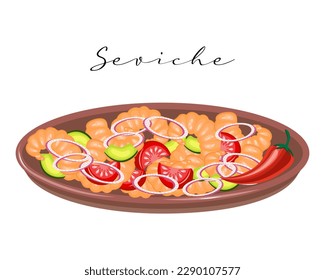 Seafood salad Ceviche. Shrimp, avocado, tomato and onion salad, Latin American cuisine. National cuisine of Peru. Food illustration, vector	
