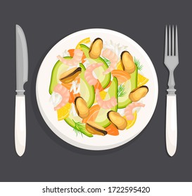 Seafood Salad Top View. Ready-made platter of sea fish, shrimp and mussels. Vector illustration in cartoon style. Flat lay. A dish of Mediterranean cuisine.