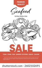seafood sale poster with hand drawn sketch elements