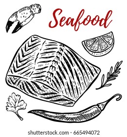 Seafood. Salmon meat, lemon, spices. Design elements for menu, poster. Vector illustration
