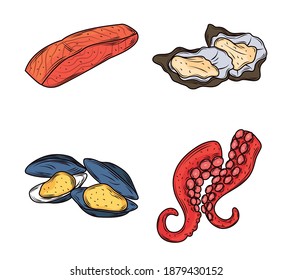 seafood salmon mussels octopus clams menu gourmet fresh icon isolated image vector illustration