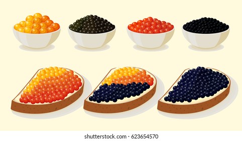 Seafood sandwiches set. Illustration with red and black caviar on a plate.