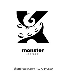 seafood sea monster logo with giant octopus tentacle on word. deep water, animal, ocean, fish, squid, sea shells. creative design, simple logo element , modern unique typography. Isolated background.