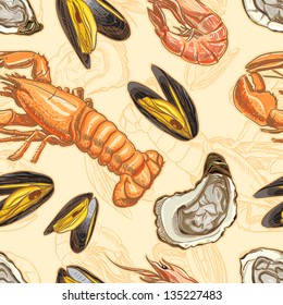 seafood. seamless background with lobster, oysters, mussels and shrimp. vector illustration