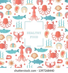 Seafood seamless background with various marine animals. Food sign for menu and market.